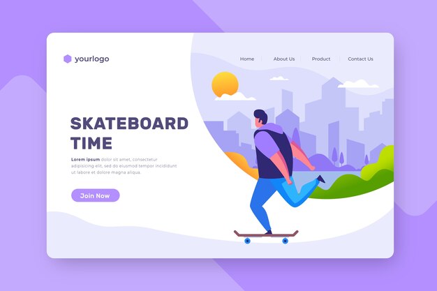 Outdoor sport landing page with man on skateboard