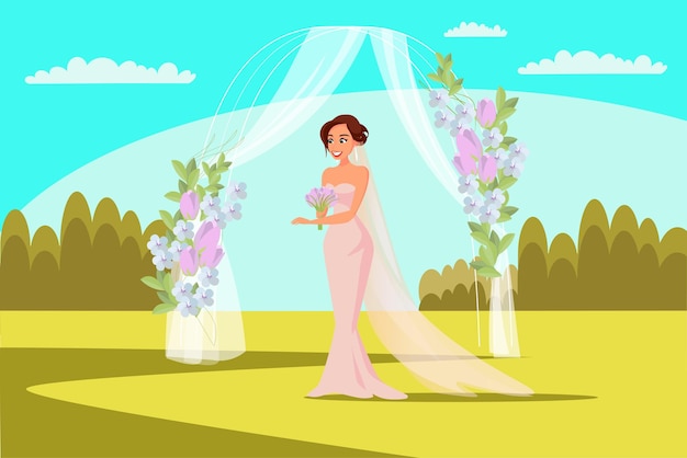 Free Vector outdoor wedding ceremony illustration bride fiancee near decorative arch