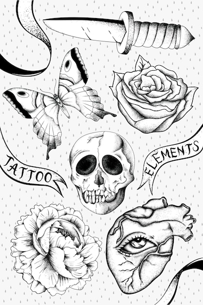 Free vector outline black and white tattoo design vector set