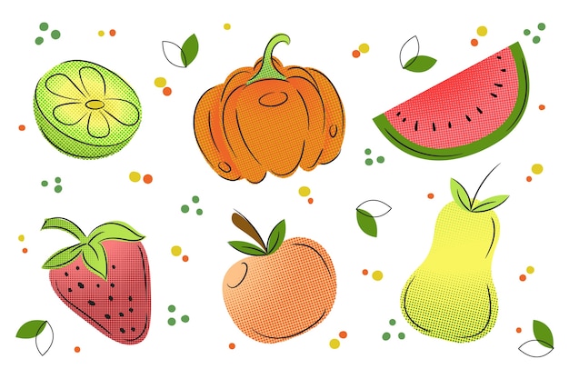 Free vector outline fruit and vegetables background with colorful halftone