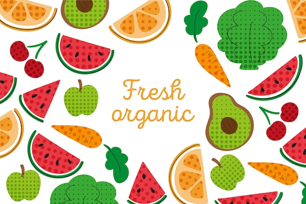 Outline fruit and vegetables wallpaper with colorful halftone