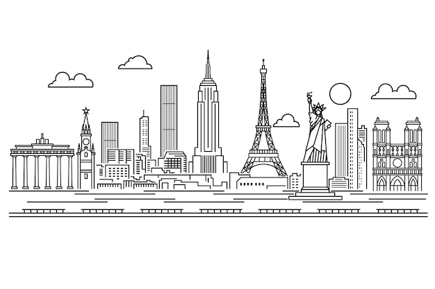 Free vector outline landmarks skyline black and white