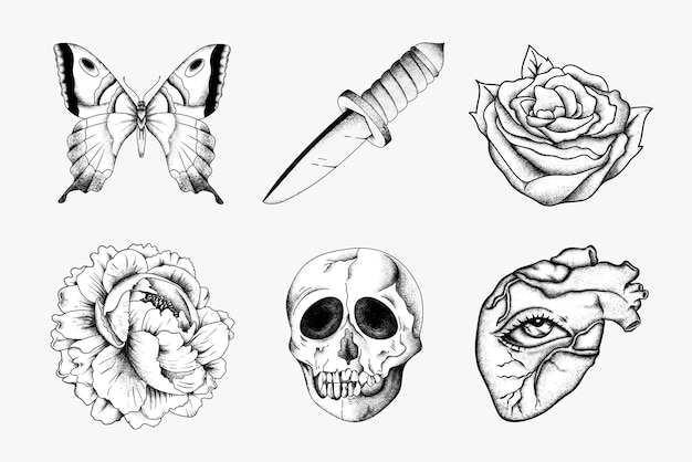 Free Vector outline vintage old school flash tattoo design vector set