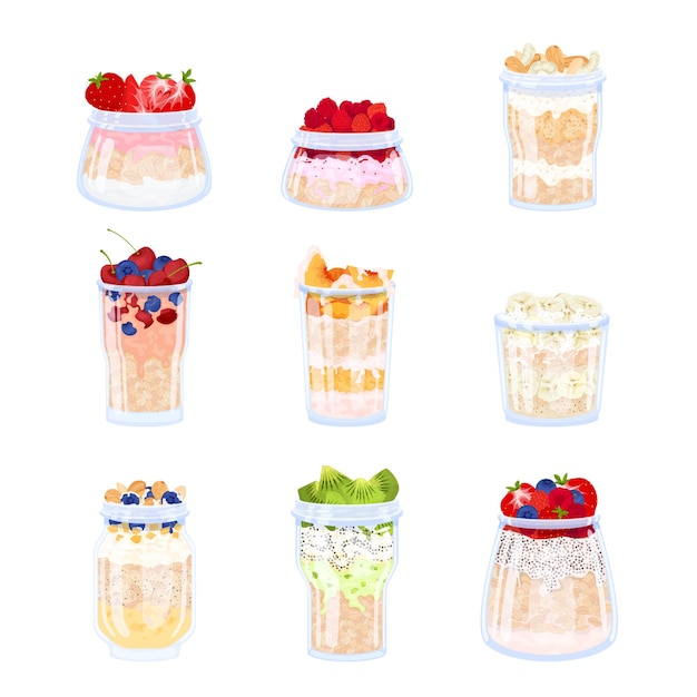 Free Vector overnight oats muesli pudding recipes flat set with nine isolated icons of porridge cocktails in glasses vector illustration