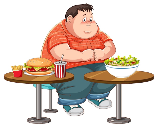 Overweight man fighting between eating healthy or unhealthy food