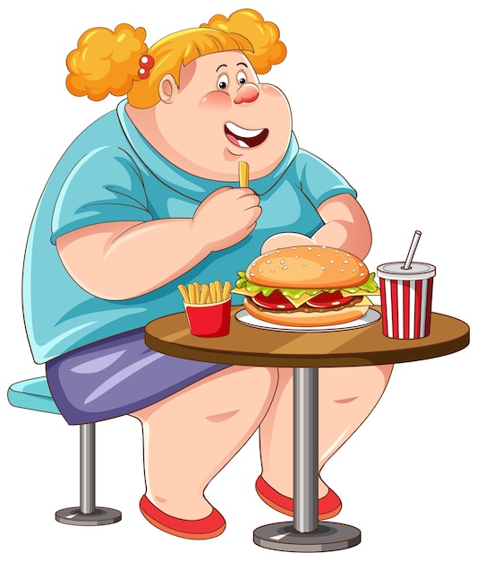 Free Vector overweight woman eating fast food on the table isolated