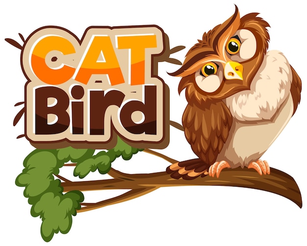 Free Vector owl on branch cartoon character with cat bird font banner isolated