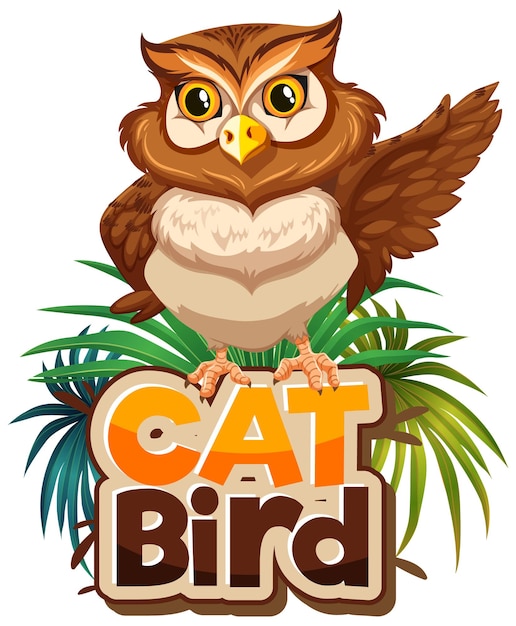 Free Vector owl cartoon character with cat bird font banner isolated