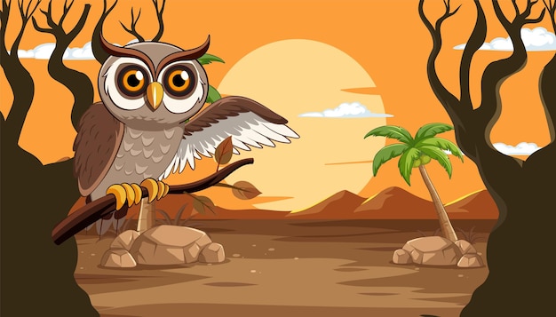 Free Vector owl in a desert sunset scene