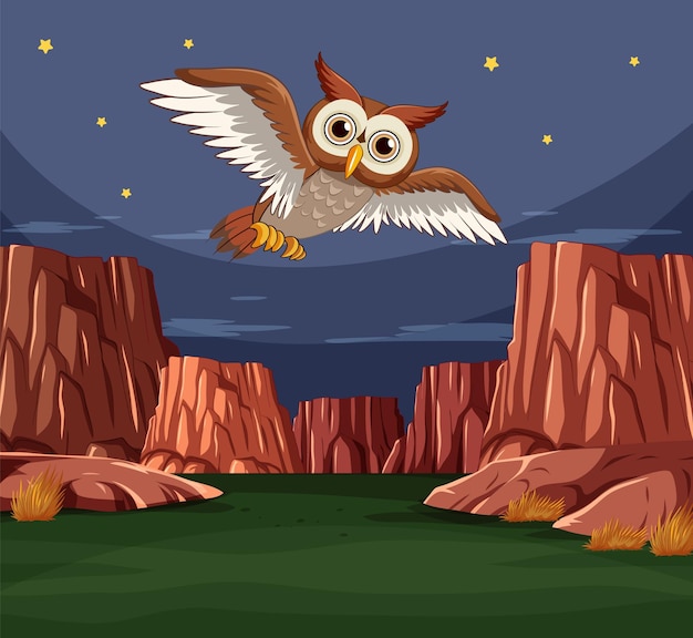 Free Vector owl flying through starry canyon night