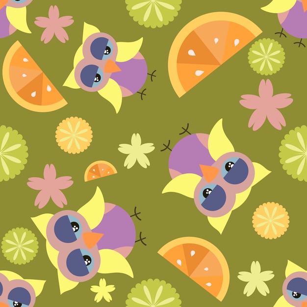 Owl and fruits pattern background