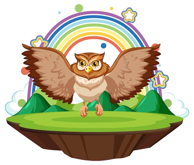 Owl in the garden with rainbow on white background