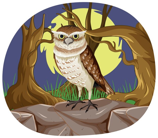 Owl in Moonlit Forest Scene