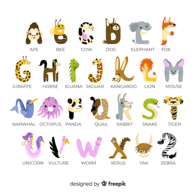 Pack of adorable letters made out of cute animals