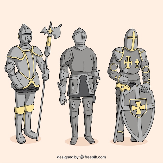 Free Vector pack of armor warriors with shield and other elements