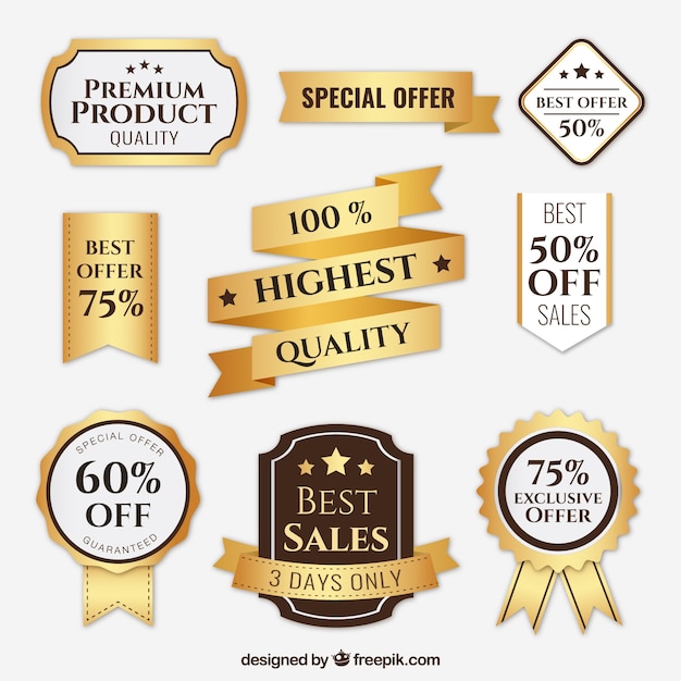 Pack of badges golden and premium products ribbons