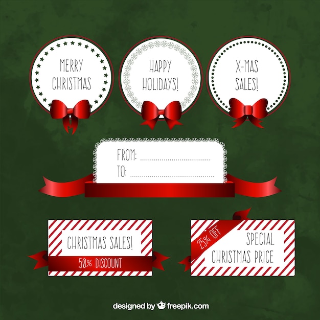 Free Vector pack of beautiful christmas stickers with red ribbons