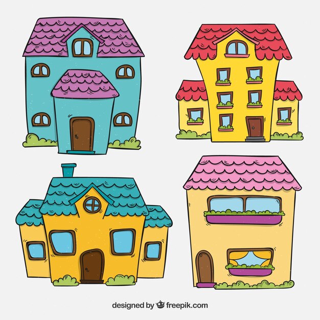 Pack of beautiful facades of hand drawn houses 