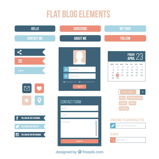 Free vector pack of blog elements in flat design