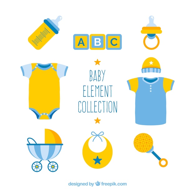 Free Vector pack of blue and yellow baby elements