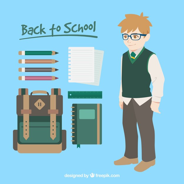 Pack of boy with backpack and other elements in flat design