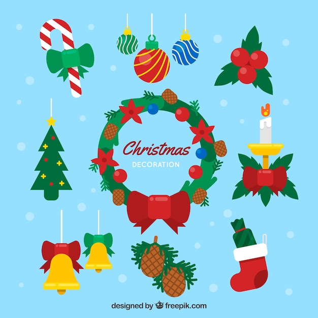 Pack of christmas wreath and other elements in flat design