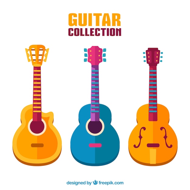 Pack of colored acoustic guitars