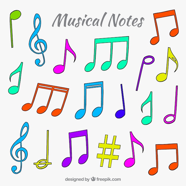 Pack of colored musical notes in hand-drawn style