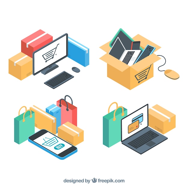 Pack of electronic devices and online purchase in isometric style