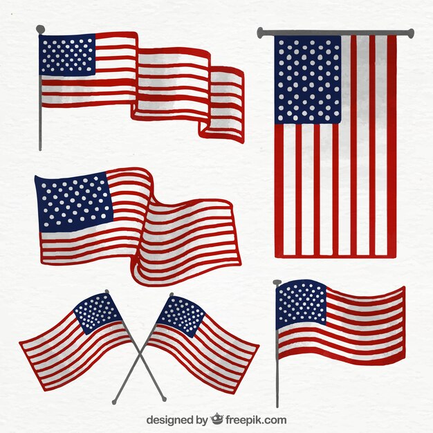 Pack of fantastic american flags in watercolor style