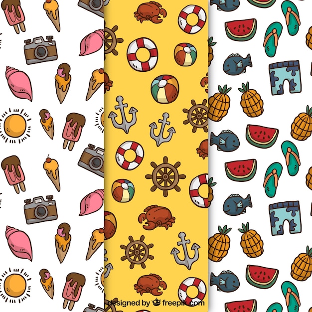 Pack of fantastic hand-drawn summer patterns