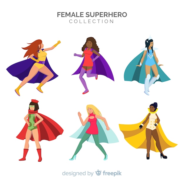 Pack of female superhero characters in cartoon style