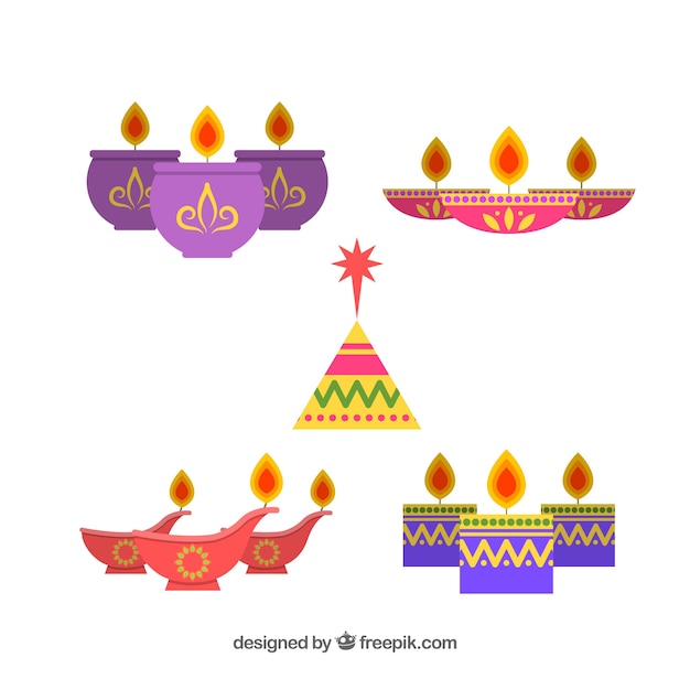 Pack of five diwali elements in flat design