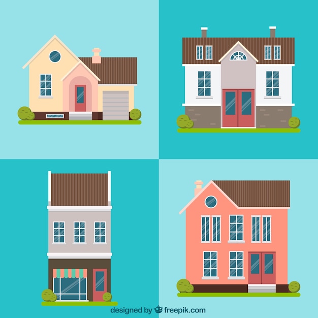 Pack of four beautiful houses facades in flat design