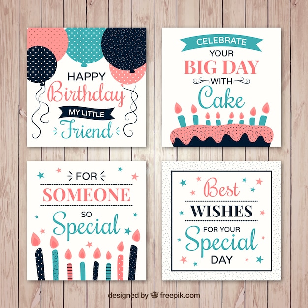 Free Vector pack of four birthday card with candles and balloons