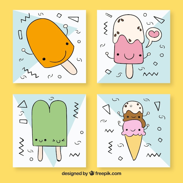 Pack of four cards with hand-drawn ice cream characters