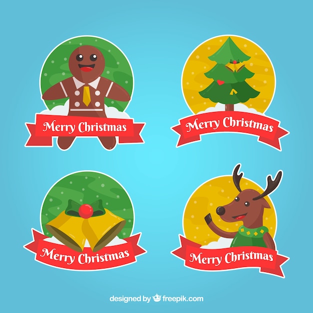 Free Vector pack of four christmas elements stickers and nice characters