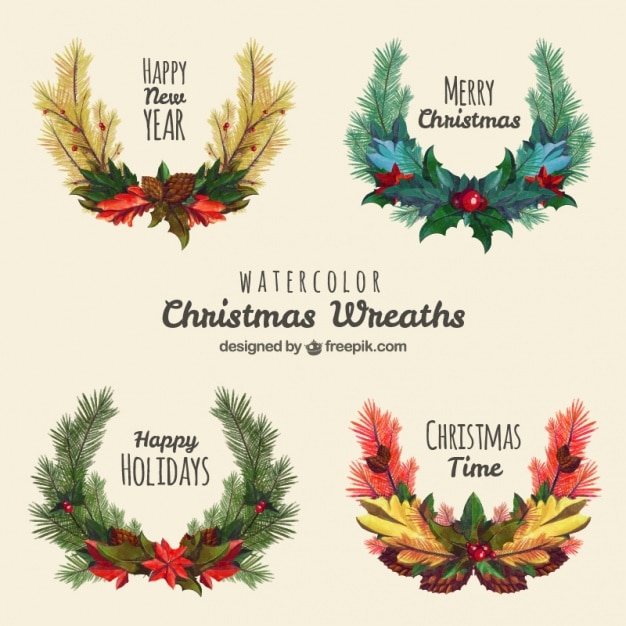 Free Vector pack of four christmas wreaths in watercolor style