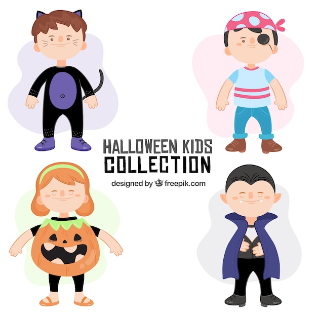 Free Vector pack of four cute kids with halloween costumes