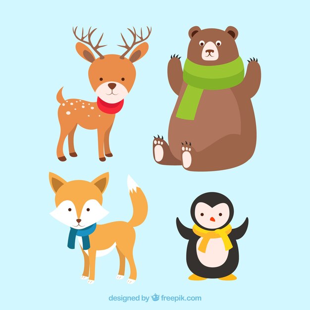 Pack of four cute winter animals