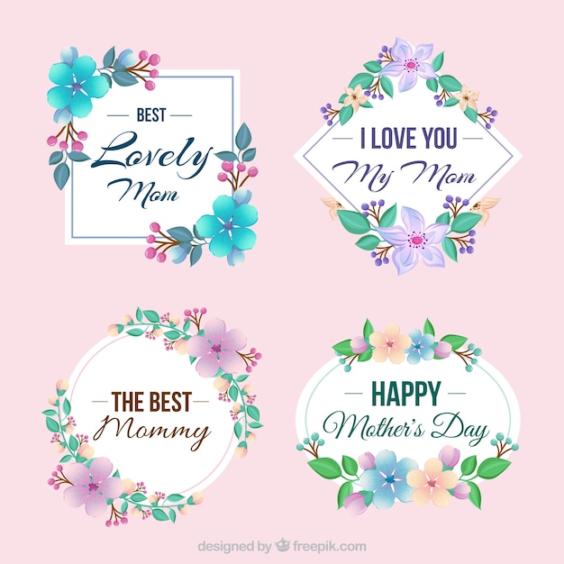 Pack of four decorative labels with colored flowers