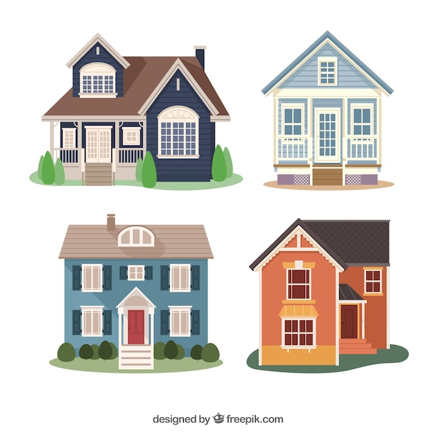 Free Vector pack of four flat houses with different designs