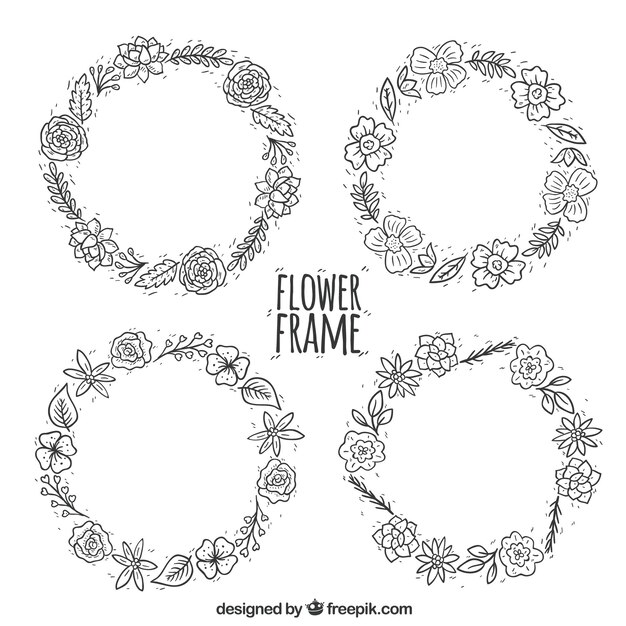 Pack of four hand drawn floral wreaths