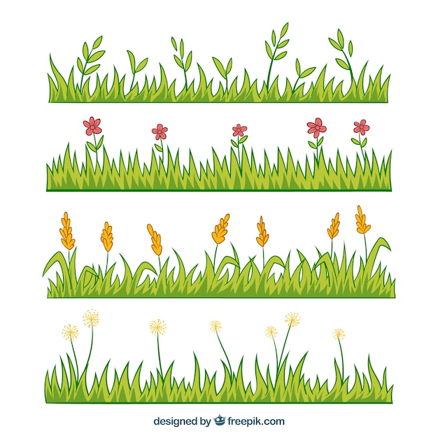 Pack of four hand-drawn grass borders with flowers