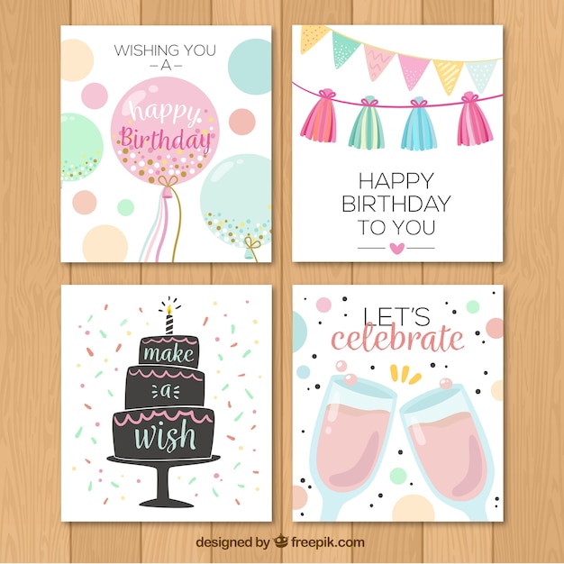 Pack of four happy birthday cards in retro style