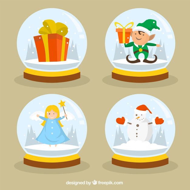 Pack of four snowballs with christmas typical elements