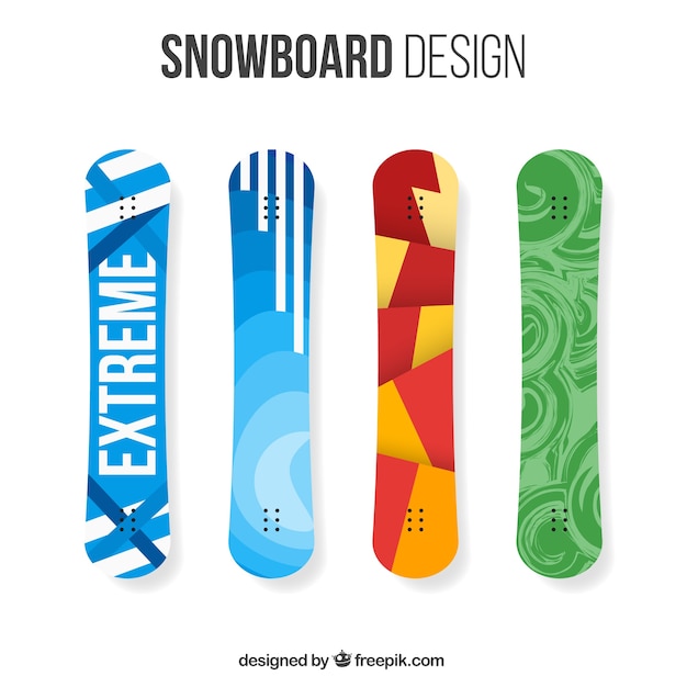 Pack of four snowboards with modern designs