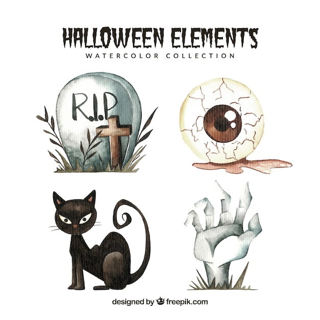 Pack of four watercolor halloween elements