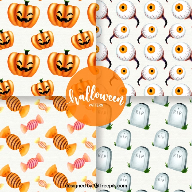 Free vector pack of four watercolor halloween patterns