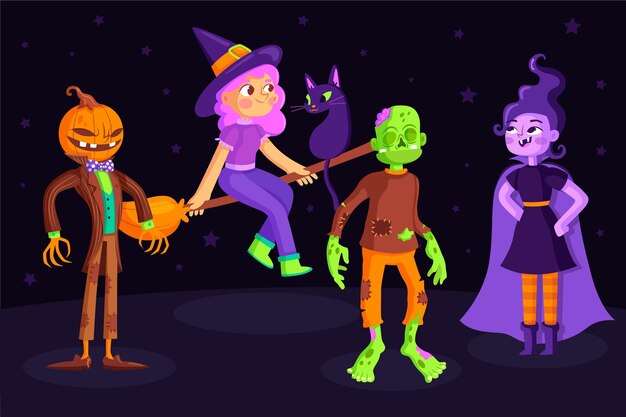 Pack of halloween character in flat design